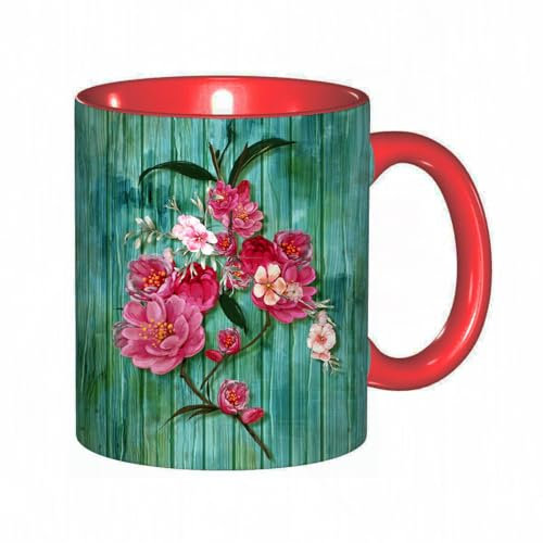 Tassendruck Aquarellillustrationsmalerei von Blättern und Blumen mit bemaltem Holzhintergrund Kaffeetasse/Mug/Cup