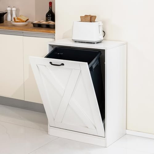Zvyteay Poubelle de cuisine inclinable en bois de 50 litres, poubelle de cuisine sur pied, recyclage, linge caché, stockage des aliments pour animaux domestiques (blanc)