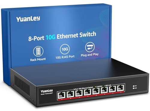YuanLey 10G Switch Ethernet 8 Porte RJ45 10Gbps, Supporto Auto-Negoziazione Velocità 10G/5G/2,5G/1G/100Mbps, Capacità di Commutazione 160Gbps, Switch Non Gestito Montabile su Rack, Plug and Play