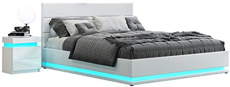 Gas Lift Ottoman Storage Bed,4FT Single Bed Frame with Storage, Ottoman Bed with LED Lights, Faux Leather (White, Small Double)