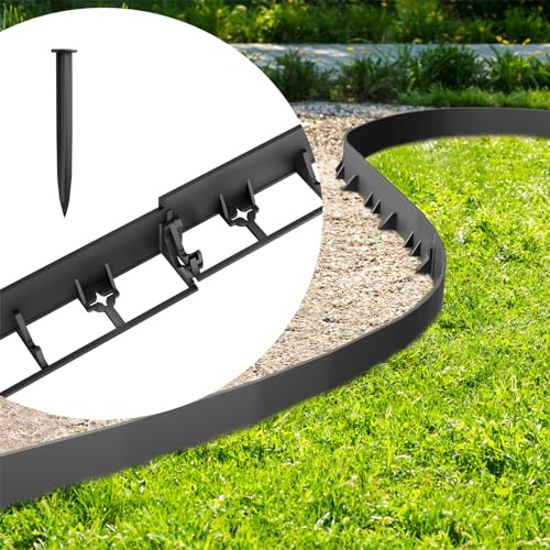 HENGMEI Rasenkante Kunststoff 12M, Beeteinfassung Mähkante Pflasterkante Garteneinfassung Gartenzaun mit 50 Erdanker Höhe 7.8cm Schwarz