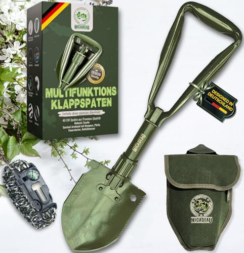 MiCadeau Klappspaten mit Hacke, Sägekanten & Gürteltasche, Garten Spaten, Outdoor Schaufel aus Karbonstahl, robust und leicht, Geschenk für Männer (Oliv-46)