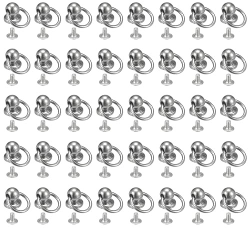 QUARKZMAN O Ring Aleación Remaches de Cabeza Redonda 10mm Plateado 40Pcs | Remaches de Metal con Tornillo y Anilla de Extracción para Manualidades de Cuero, Carteras