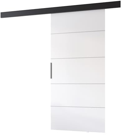 MINIO go for it - Schiebetüren 76 cm, Schiebetür Zimmertür PRIM B, Schiebetürsystem für Zimmer, Dekorative Streifen, Wandmontage, Türe Innen - Silber/Schwarzer Griff, Weiss/Schwarz