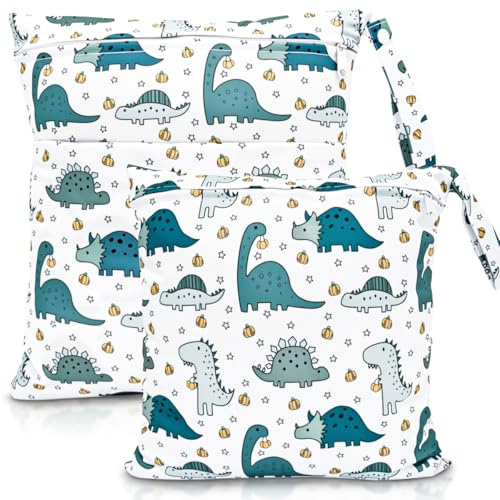 HOTLIKE Bolsa de Pañales, 2PCS Bolsa Impermeable Reutilizable para Bebe, Ropa Seca y Húmeda Organizador de Pañales, Wetbag Lavable Neceser para Viaje Playa Deporte Guardería Merienda (Dinosaurio)