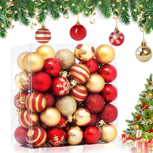 Bolas de Navidad, 50 unidades, bolas decorativas de plástico para árbol de Navidad, color rojo y dorado con lazo para colgar para Navidad y decoración de fiestas