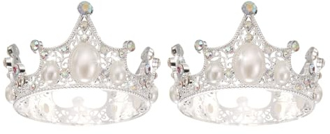Sourcing Map 2Pcs Mini Crown Cake Toppers, Alloy Queen Princess Little Silver Tiara Cupcake Heart Shaped with Pearl Rhinestone for Birthday Cake Decor Wedding Party, Vintage Crown