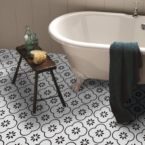 Alwayspon Vinyl Flooring 10 sheet 12inch/30cm White and Black Waterproof Non-slip Floor Tiles Decal for Kitchen Bathroom Living Room, Self-adhesive Peel and Stick Vinyl Tile Sticker