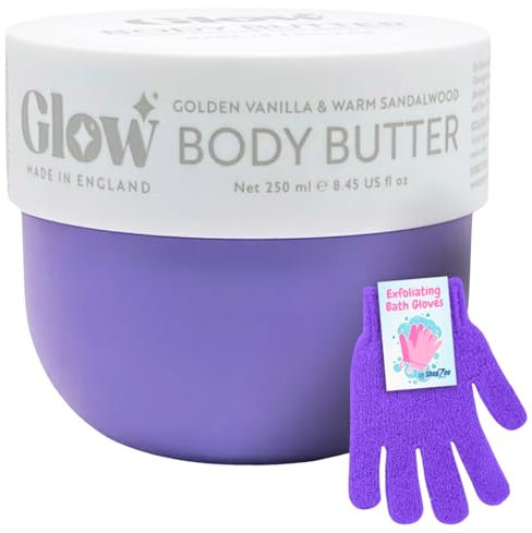 Glow Nourishing Body Butter 250ml & Exfoliating Bath Gloves Set | Firming Moisturiser for Supple & Smooth Skin | Scented Body Cream, Dry Skin, Shower Mitts, UK Made (Golden Vanilla & Warm Sandalwood)