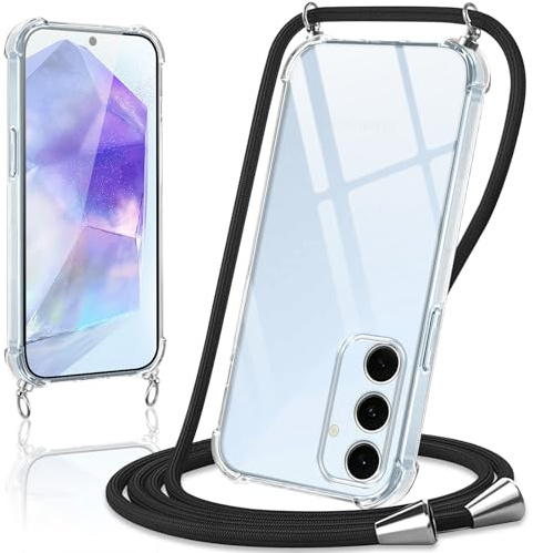 Coiwxmoi Coque avec Cordon pour Samsung Galaxy A55 5G, Collier Réglable Téléphone Étui Portable Lanyard Case Transparent Ultra Souple Silicone TPU Housse Antichoc Protection Cover, Noir