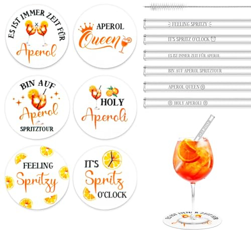 TUZELIYA Lustige Aperol Geschenk(inkl. 6 Aperol Filzuntersetzer, 6 Aperol Glasstrohhalme, 1 Strohhalm-Reinigungsbürste) - Aperol Spritz Geschenkset für Freunde, Kollegen, Aperol-Liebhaber