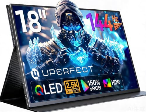 UPERFECT Monitor Portátil QLED 18 Pulgadas 2.5K 144Hz 100% DCI-P3 1500:1 500Nits Gaming, HDMI/USB-C, Ligera y Fácil de Transportar Pantalla IPS Compatible con Portatil/PC/Teléfono, Compatible con VESA