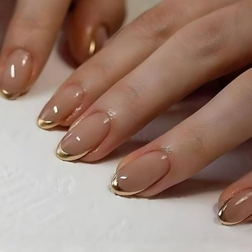 French Tip Press on Nails Short Almond Shape 24Pcs False Nails with Gold Border Design Nude Glossy Elegant Fake Reusable Full Cover Stick on for Women Girls 12 Sizes
