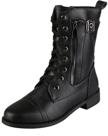 Bottes pour femme - Bottines plates à lacets avec fermeture éclair latérale - Grandes tailles - Bottes en cuir - Couleur unie - Bottes mi-hautes antidérapantes pour l'automne et l'hiver, Noir , 39 EU