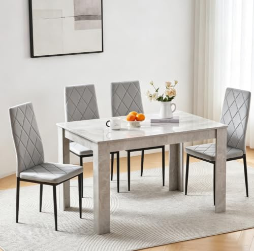 Menaka Wood Dining Table and Chairs Set of 4, Small Rectangular Kitchen Dinner Table with 4 Seaters (argyle grid grey velvet chairs, 120m high gloss grey marble table, 4 seaters)