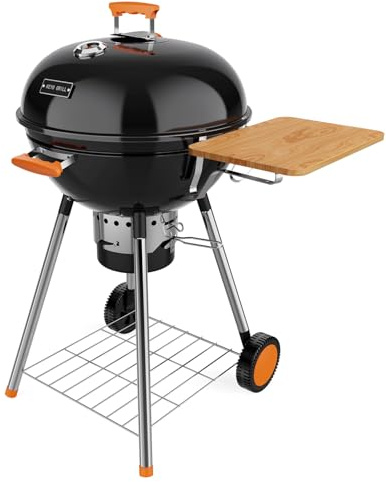 KEYO GRILL 22.5 Inch Charcoal BBQ Grill, Portable Outdoor Barbecue Grill with Walnut Side Table & One - Touch Cleaning System, Classic Kettle Smoker for Garden, Camping and Backyard