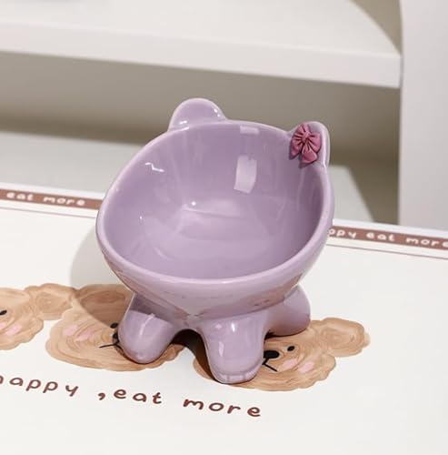 Ciotole per Gatti Rialzate,Ciotola Gatto Viola Papillon,Ciotole per Gatti Ceramica Adorabile Design con Orecchie da Gatto,Ciotola Apertura Larga 13 cm Adatto a di Peso Compreso Tra 2 e 5 Kg