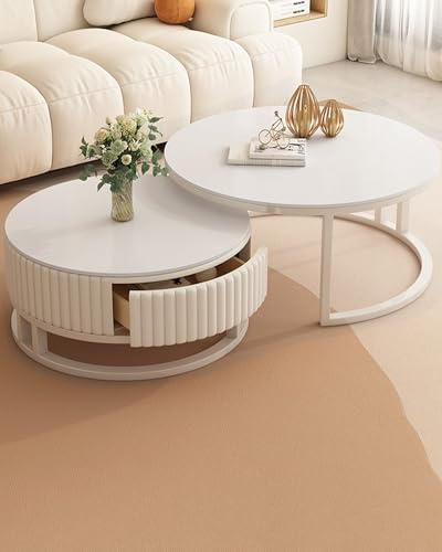 JPQTRYDRIS Rund Couchtisch 2er Set Rund Couchtisch Weiß Sofatisch Mit Schublade, Runder Nested Beistelltisch Kaffeetisch Für Wohnzimmer Schlafzimmer