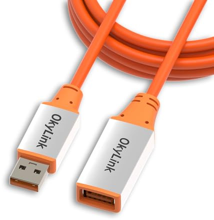 OkyLink 10ft (3m) Active USB 3.2 Gen 2 Male to Female Extension Cable with Built-in Signal Amplifier – 10Gbps, Orange Cable & White Aluminum Shell