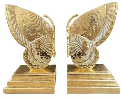 Dwelloria Buchstützen Golden Butterfly 2er Set - Elegante Buchstopper aus Kunstharz, robuste dekorative Buchstützen für Bücherregal, Heimbüro und Geschenk