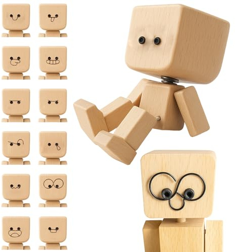 CJAPGJW 1 figurine de voiture mobile avec 12 expressions faciales interchangeables, homme en bois vacillant pour tableau de bord et bureau, décoration de voiture amusante et cadeau pour les fans de