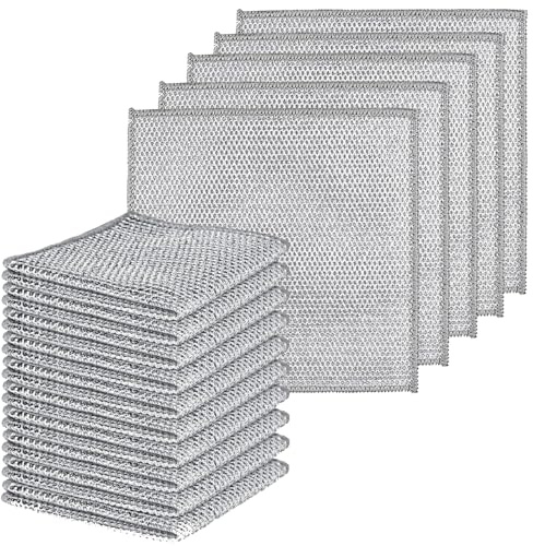 20 Pcs Silver Mesh Dishcloth, Steel Wool Cleaning Cloth, Diamond Weave Scrubber Cloth, Multipurpose Non-Scratch Scrubbing Wire Dishwashing Rags, for Scrubbing and Cleaning Dishes, Pots, Sinks