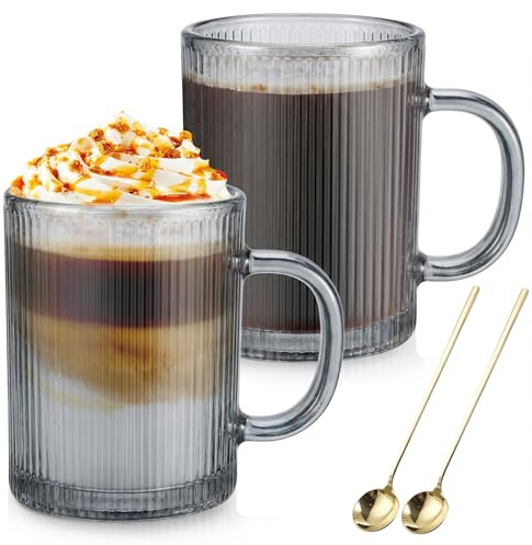 Anhow Juego de 2 Vasos de Vidrio, 350ml Tazas de Vidrio Borosilicato con Asa, Tazas de Café de Cristal Taza de Desayuno, Diseño de Rayas Verticales, Tazas de Té Vintage para Leche, Café, Avena - Gris