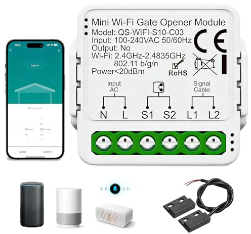 Apriporta per garage WLAN, apriporta per garage Smart WLAN, apriporta per garage tramite APP per smartphone e controllo vocale, timer, sensore di porta, compatibile con Alexa/Google Home