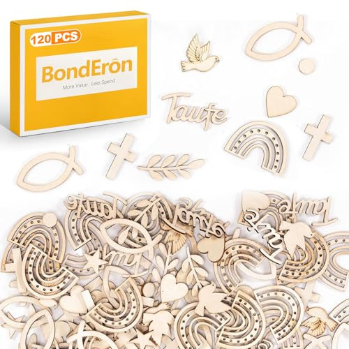 BondEron 120x Holz Taufe Deko Set, Fisch Streudeko Tischdeko für Mädchen & Jungen, Holzdeko für Konfirmation, Kommunion & Religiöse Feiern