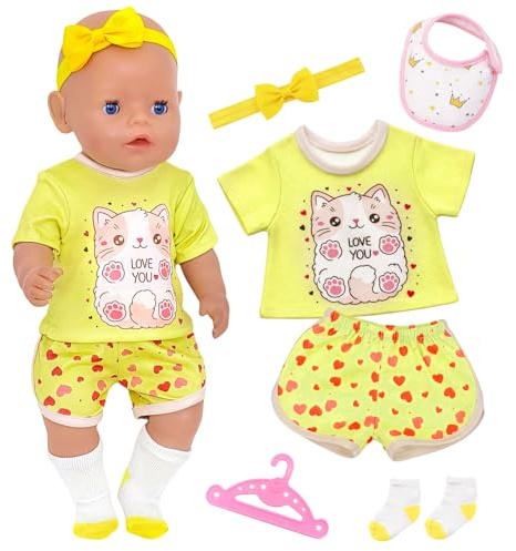 Puppenkleidung 35-43cm Newborn Baby Puppen, 6 Stück Katze Puppenkleidung 43cm Shorts Stirnband Schleife Lätzchen Kleiderbügel Socken Wäscheklammerl für 14-17 Zoll Baby Puppen Geschenke für Kinder