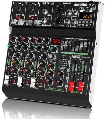 4-Kanal Tragbares Mischpult,Profi Sound Board Audio Mixer,320 DSP-Effekte+7-Band Equalizer,Bluetooth Soundkarte+USB-Schnittstelle,ideal für PC-Aufnahmen,Karaoke-Studio-Effekte & Streaming-Wiedergabe