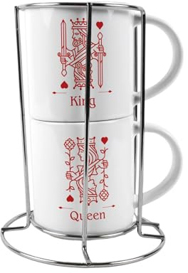 Purely Home King & Queen Stacking Mugs Set Gift - Red Playing Cards Ceramic Cups Set of 2 with Metal Stand, Classic Game Gifts for Couples