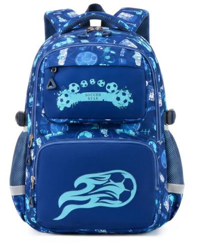 Amythe Mochila Escolar Niños Clases de 1 a 4 Luminosa Ligero, Fútbol | Grande Reflectante Compartimento Laptop Fútbol Daypack Multi-Bolsillos Espacioso Resistente para Colegio