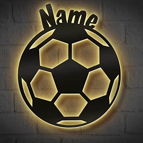 Namofactur personalisierte Fußball-Dekolampe aus Holz mit LED-Licht | Mit Wunschname – als beleuchtete Kinderzimmerdeko, Türschild oder Namensschild für Fußballfans.