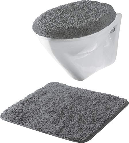 Erwin Müller Hänge-WC-Set 2-TLG. Rhodos Uni, WC-Vorlage, WC-Deckelbezug rutschhemmend anthrazit Größe - ultraweich, extrem saugfähig, flusenarm