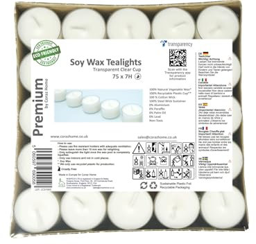 Coraz Home - Premium 7 Hours Long Burning Time Pack of 75 Transparent Clear Cup Tea Lights Eco-Friendly tealights White Unscented Night Lights Vegan Soy Wax Candles Non-Toxic