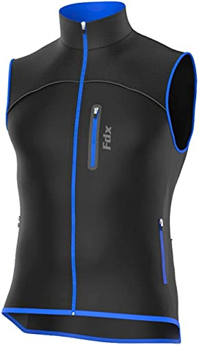 FDX Cycling Gilet Men’s – Thermal Softshell, Windproof Warm Vest for Running, Water Resistant Lightweight Hi-Viz Biking Jacket, Riding MTB, Hiking, Sleeveless Bicycle Top (Black/Blue, Large)