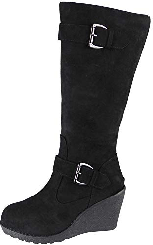LoudLook Ladies Mid Calf High Boots Buckle Zip Wedge Heel Casual Comfy Work Shoes Size Black-S 6
