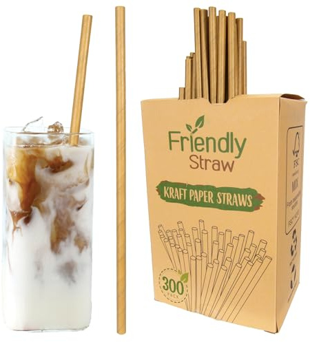 Friendly Straw 300 Pack Biodegradable Kraft Paper Straws, 7.75 x .25 Drinking Paper Straw - Brown Paper Straws Bulk Pack for Home and Restaurant