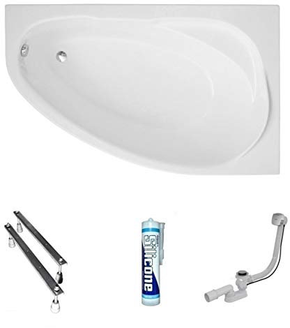 ECOLAM® Badewanne Wanne Eckwanne Eckbadewanne Acryl weiß Marea Polimat 150x100 cm RECHTS Ablaufgarnitur Ab- und Überlauf Automatik Füße Silikon Komplett-Set