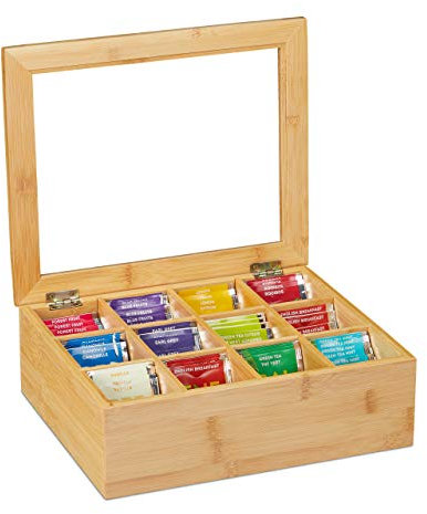 Relaxdays Scatola Porta Tè e Tisane, 12 Scomparti, Cofanetto con Finestrella, Organizer 9 x 28 x 23 cm, Bambù Naturale