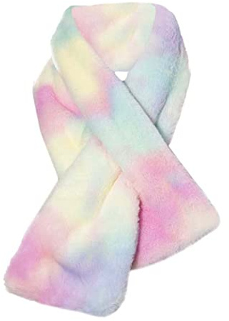 Kids Winter Rainbow Scarf Gradient Cross Tie Collar Fluffy Fur Plush Shawl Wrap Neck Warmer for Toddler Girls Boys