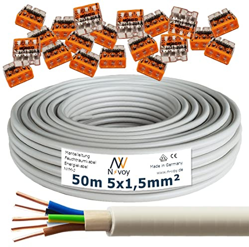 NYM-J 5x1,5 mm² 50m Mantelleitung Installationskabel mit 20 Stück Klemmen, M97