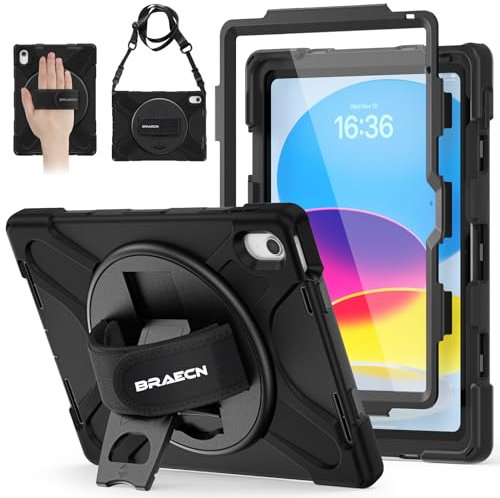BRAECN für iPad (A16) 11/10 Generation Hülle, 2025/2022 11/10,9 Zoll, Robuste Stoßfeste Schutzhülle mit Displayschutz, 360° Drehbarer Handgurt und Ständer, Stifthalter, Schultergurt, Schwarz