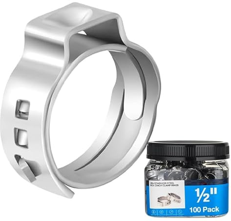 GUOFIS 100 Pack 1/2 Inch Pex Cinch Clamp Rings,Premium 304 Stainless Steel PEX Crimp Ring,Pex Fitting Clamps Pinch Ring for PEX Tubing Pipe Fittings Connection(CLAMP016)