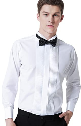 WINDEHAO Chemise française plissée pour homme, coupe ajustée, col plissé, chemise de soirée, mariage, smoking, dîner, chemises avec nœud papillon