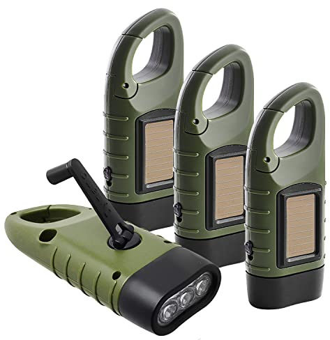 WOLAFOO Lampe Dynamo 4 pièces, Lampe de Poche Solaire LED | Lampe Torche Dynamo & Solaire, Étanche, avec Mousqueton, pour Camping, Outdoor & Urgence