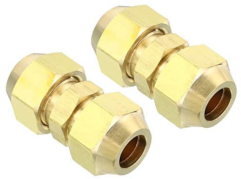 PATIKIL 3/8 OD Brass Flare Union Connector, 2 Set Air Conditioning Copper Double Pipe Extension Joint Connectors Pipe Hose Fitting with Nut, 1.37 x 0.63inch