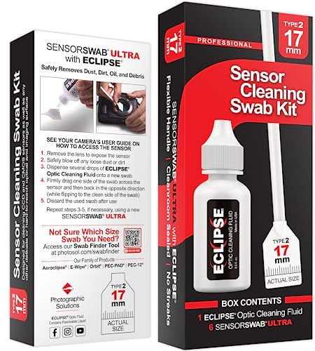 Kit de hisopo de limpieza para sensor Eclipse Optic Cleaning Solution (0.5 onzas/15 ml) + hisopo tipo 2 Ultra de 17 mm (paquete de 6) - para APS-C CMOS y CCD - Removedor de polvo
