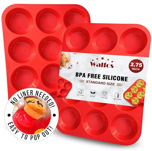 Walfos silikon Muffinform,12 Tassen reguläre Silikon-Muffinform, antihaftbeschichtet und BPA-frei, ideal für die Herstellung von Muffin-Kuchen, Torten, Fettbomben - spülmaschinenfest, 2-teilig